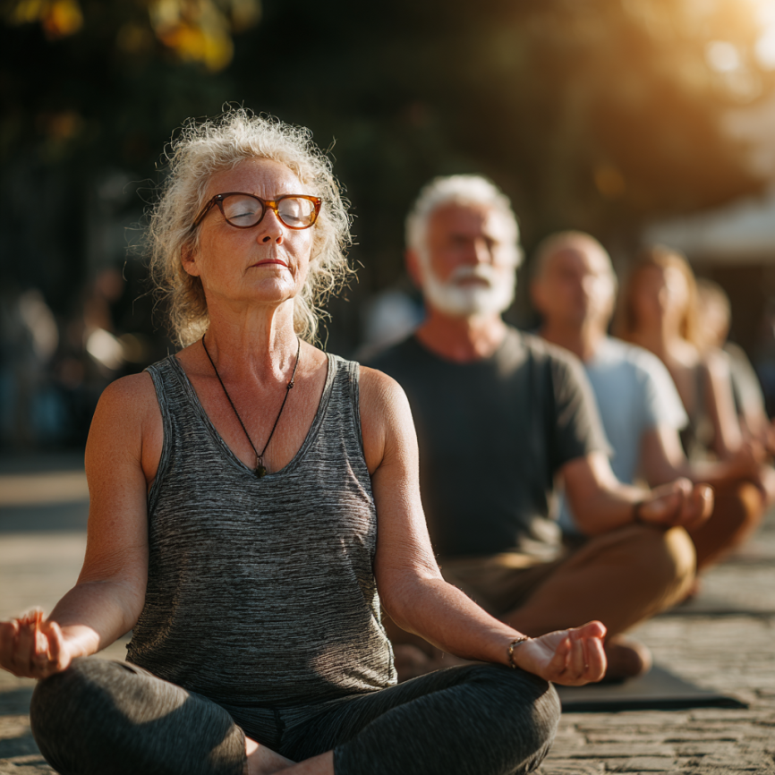 Пожила жінка займається йогою на природі